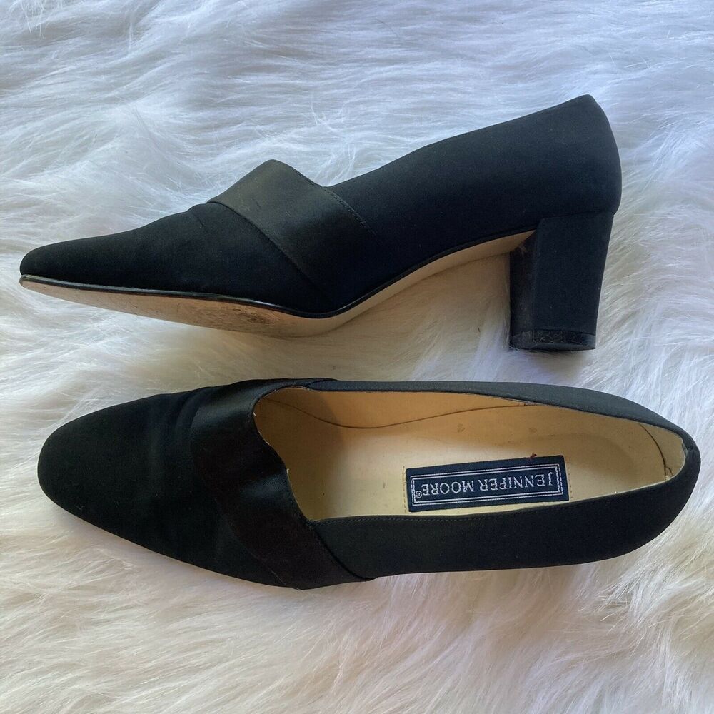 Jennifer Moore Sz 7.5 Black Fabric Heels Boylston Leather Sole Womens Shoe Block